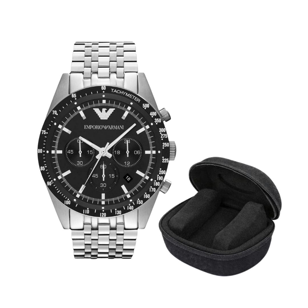 Emporio Armani Sportivo Men's Watch Stainless Steel Silver Strap With Black Dial + Protective Travel Case
