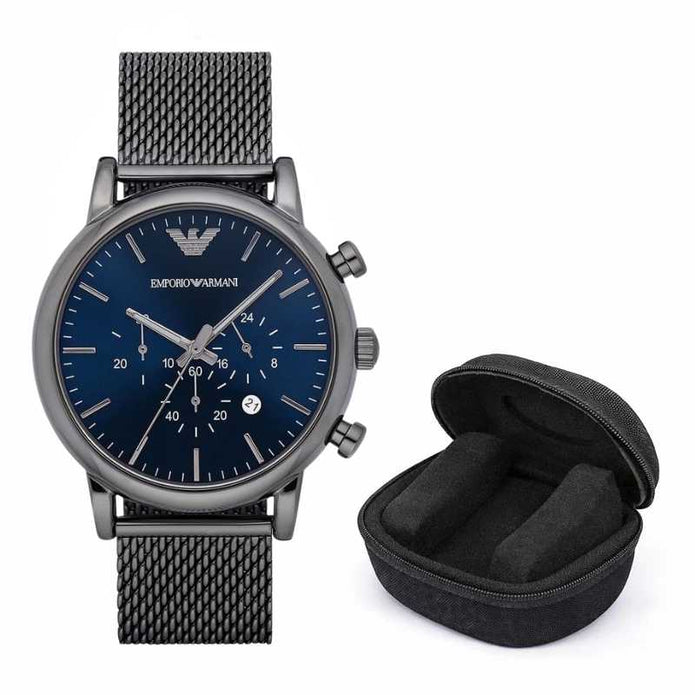 Emporio Armani Luigi Men’s Watch Grey Mesh Strap With Blue Dial + Travel Case