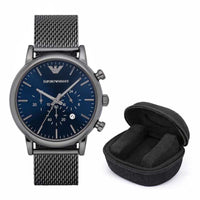 Emporio Armani Luigi Men’s Watch Grey Mesh Strap With Blue Dial + Travel Case