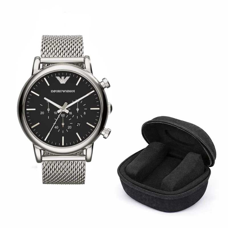 Emporio Armani Luigi Men's Watch Silver Mesh Strap With Black Dial + Travel Case