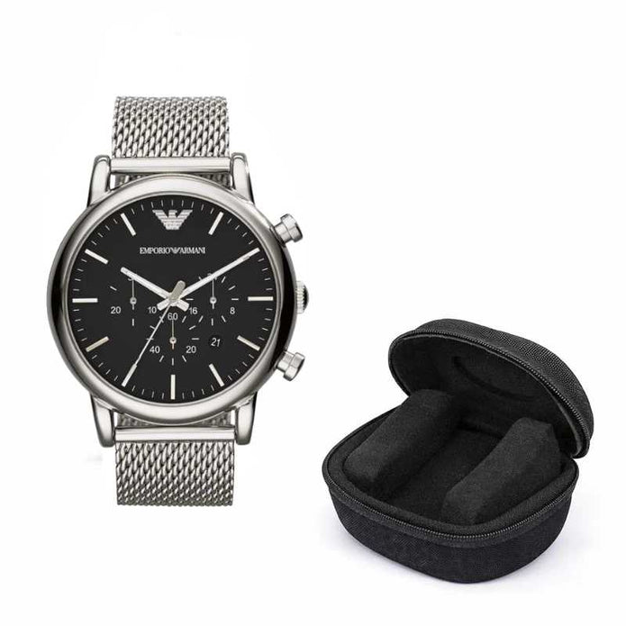 Emporio Armani Luigi Men's Watch Silver Mesh Strap With Black Dial + Travel Case