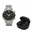 Emporio Armani Luigi Men's Watch Silver Mesh Strap With Black Dial + Travel Case