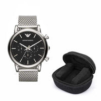 Emporio Armani Luigi Men's Watch Silver Mesh Strap With Black Dial + Travel Case