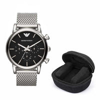 Emporio Armani Luigi Men's Watch Stainless Steel Silver Mesh Strap With Black Dial + Travel Case