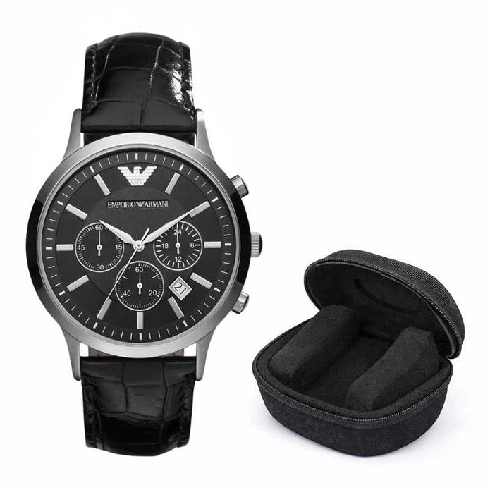 Emporio Armani Renato Men’s Watch Leather Black Strap And Silver Case + Travel Case