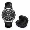Emporio Armani Renato Men’s Watch Leather Black Strap And Silver Case + Travel Case