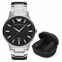 Emporio Armani Renato Men’s Watch Silver Strap With Black Dial + Travel Case