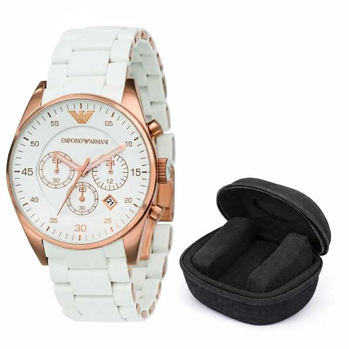 Emporio Armani Sportivo Men's Watch White Strap and Gold Case + Travel Case