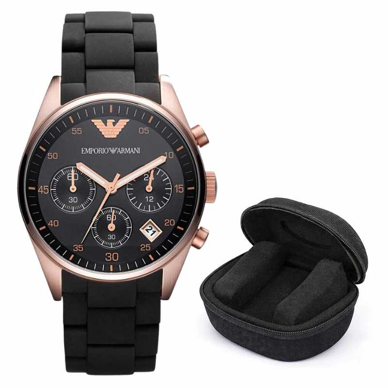 Emporio Armani Sportivo Women's Watch Black Strap And Rose Gold Case + Travel Case