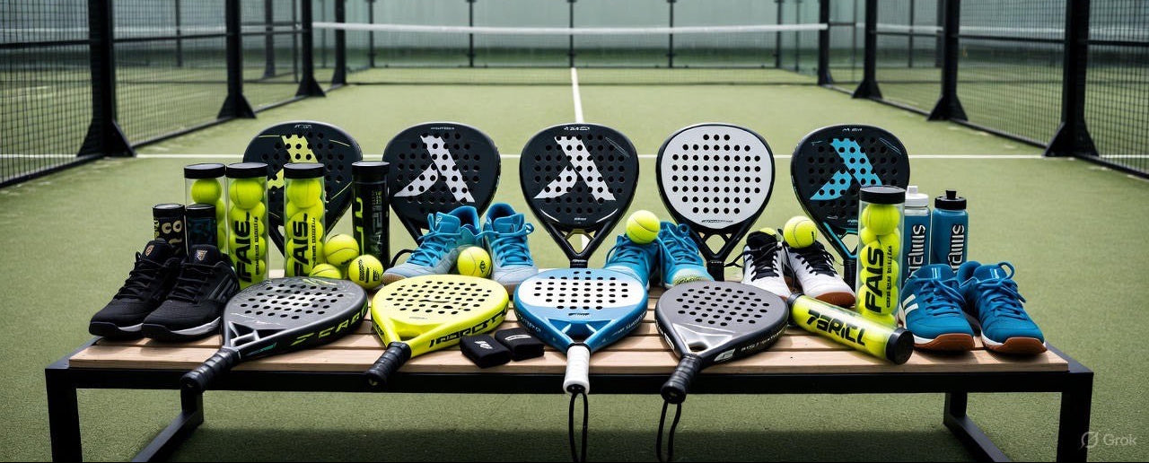 Collection of sports equipment including rackets, shoes, and bottles on a bench with a tennis court background.