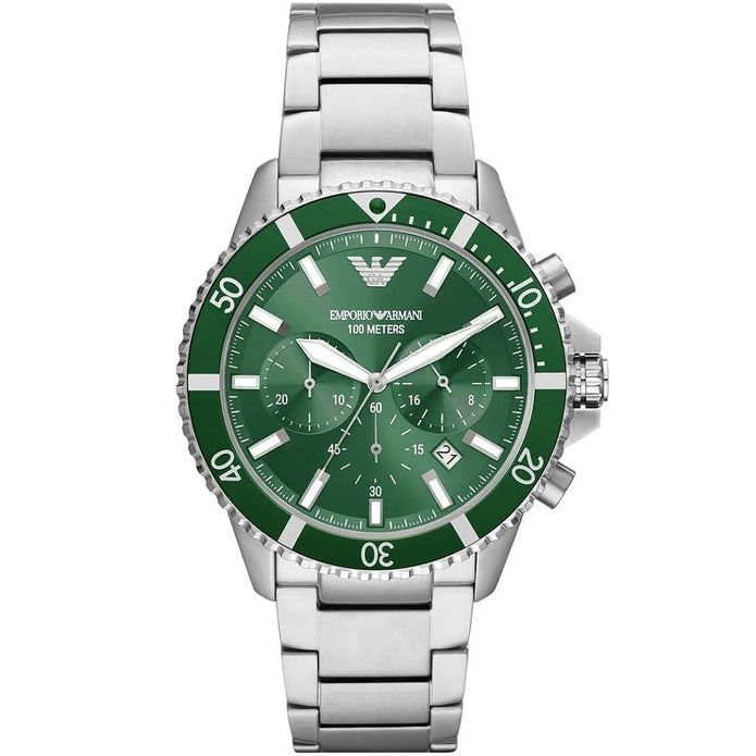 Emporio Armani Diver Men's Watch Stainless Steel Silver Strap With Green Dial