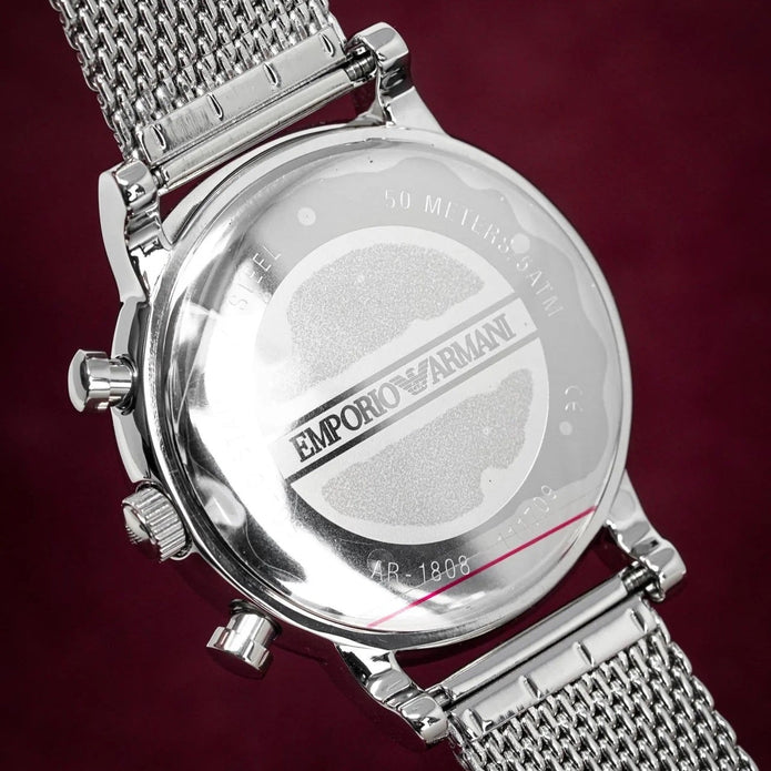 Emporio Armani Luigi Men's Watch Silver Mesh Strap With Black Dial + Travel Case