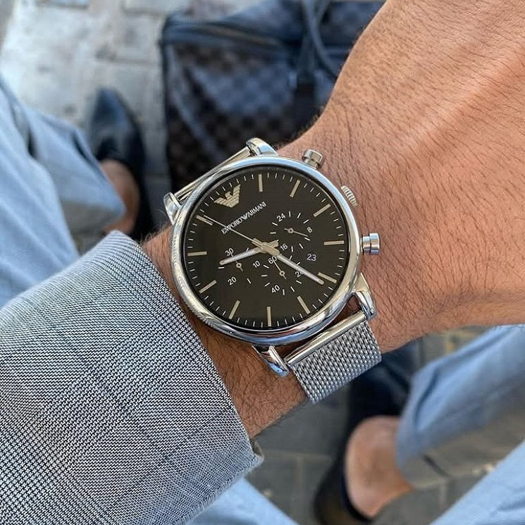 Emporio Armani Luigi Men's Watch Silver Mesh Strap With Black Dial + Travel Case