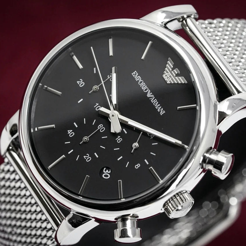 Emporio Armani Luigi Men's Watch Silver Mesh Strap With Black Dial + Travel Case