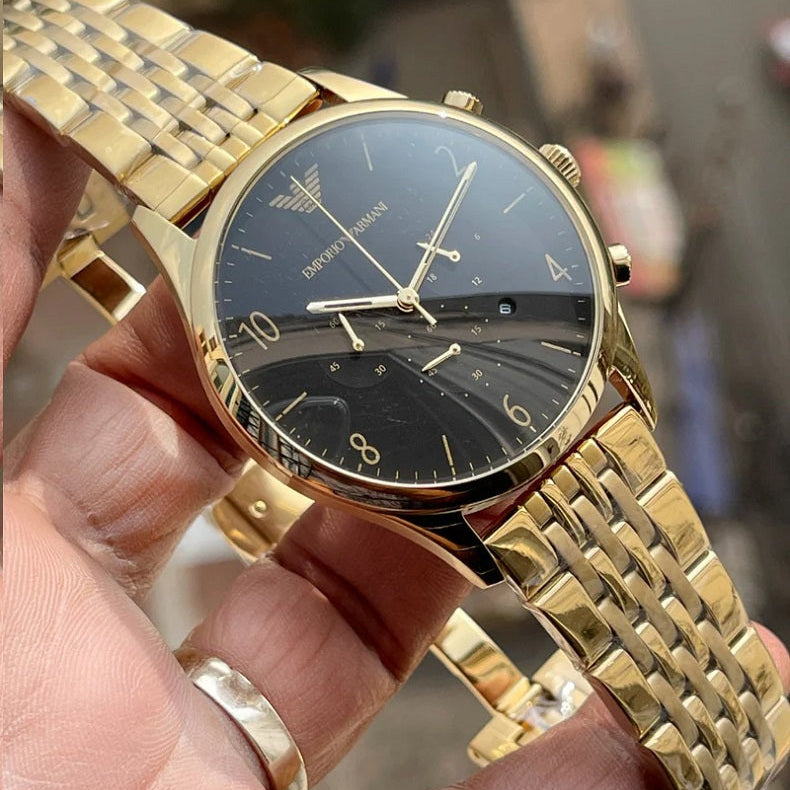 Emporio Armani Men’s Watch Stainless Steel Gold Strap With Black Dial