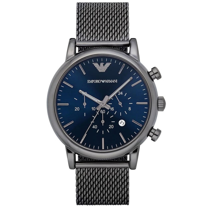 Emporio Armani Luigi Men’s Watch Grey Mesh Strap With Blue Dial + Travel Case