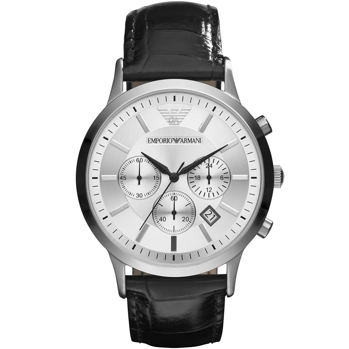 Emporio Armani Renato Men’s Watch Leather Black Strap With Silver Dial
