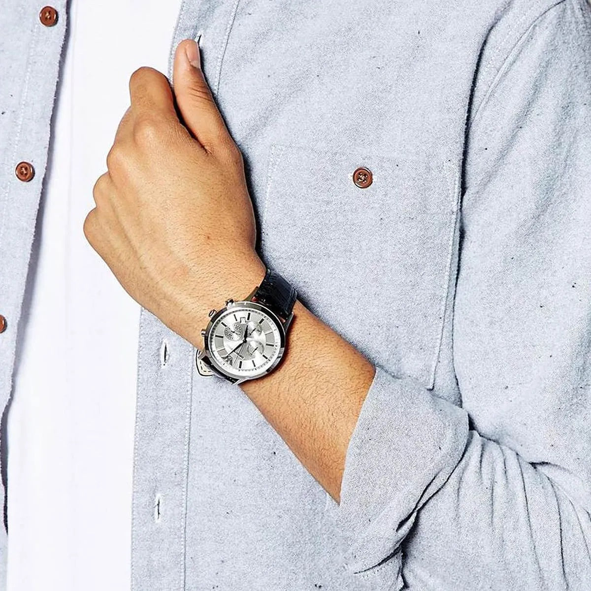 Emporio Armani Renato Men’s Watch Leather Black Strap With Silver Dial