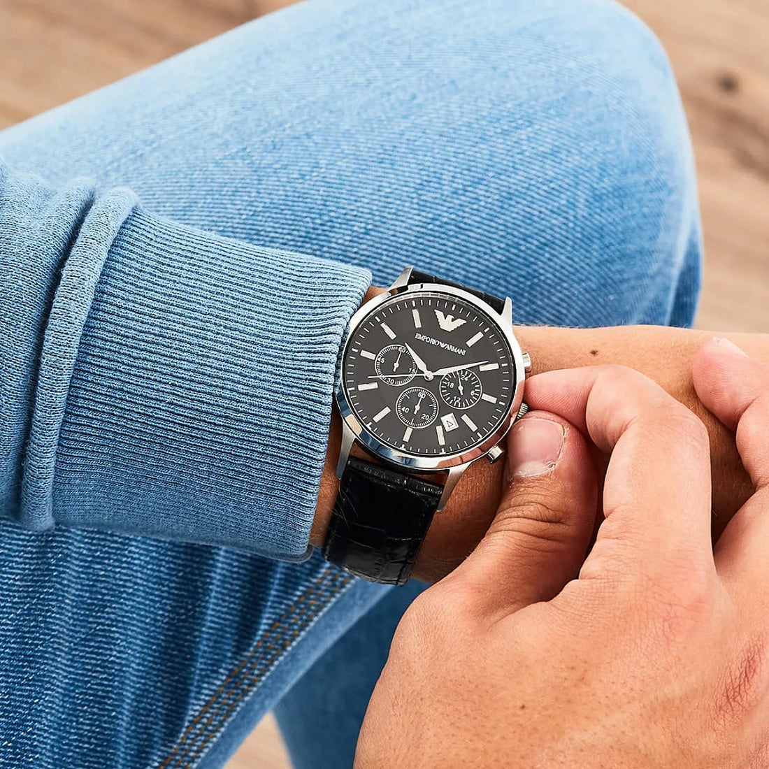 Emporio Armani Renato Men’s Watch Leather Black Strap And Silver Case + Travel Case