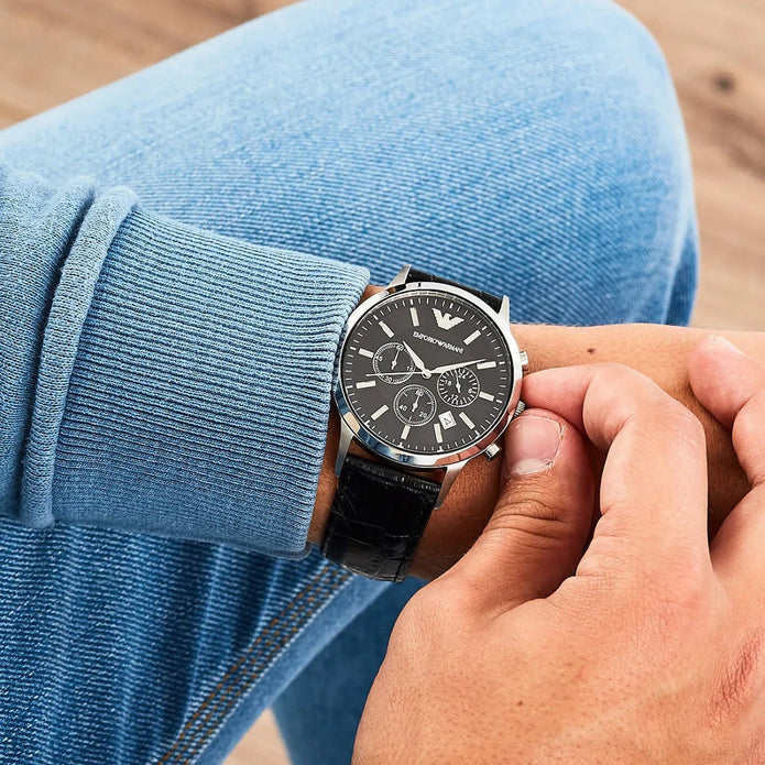 Emporio Armani Renato Men’s Watch Leather Black Strap And Silver Case + Travel Case