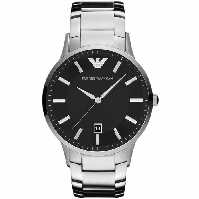 Emporio Armani Renato Men’s Watch Silver Strap With Black Dial + Travel Case