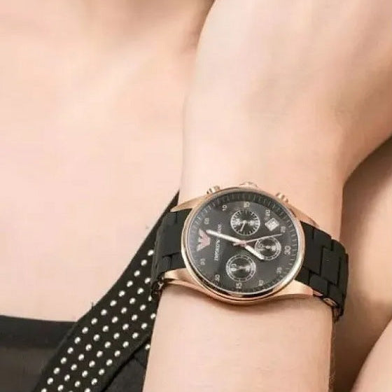 Emporio Armani Sportivo Women's Watch Black Strap And Rose Gold Case + Travel Case