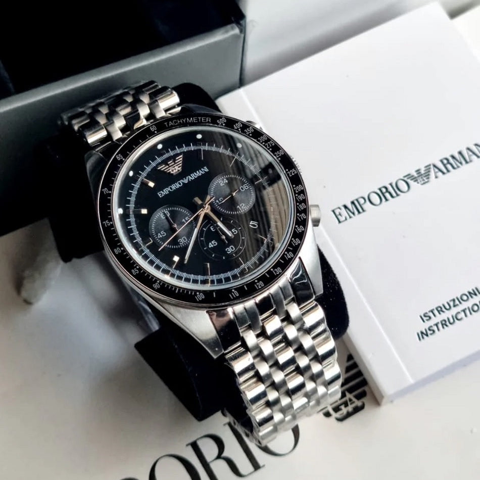 Emporio Armani Sportivo Men's Watch Stainless Steel Silver Strap With Black Dial