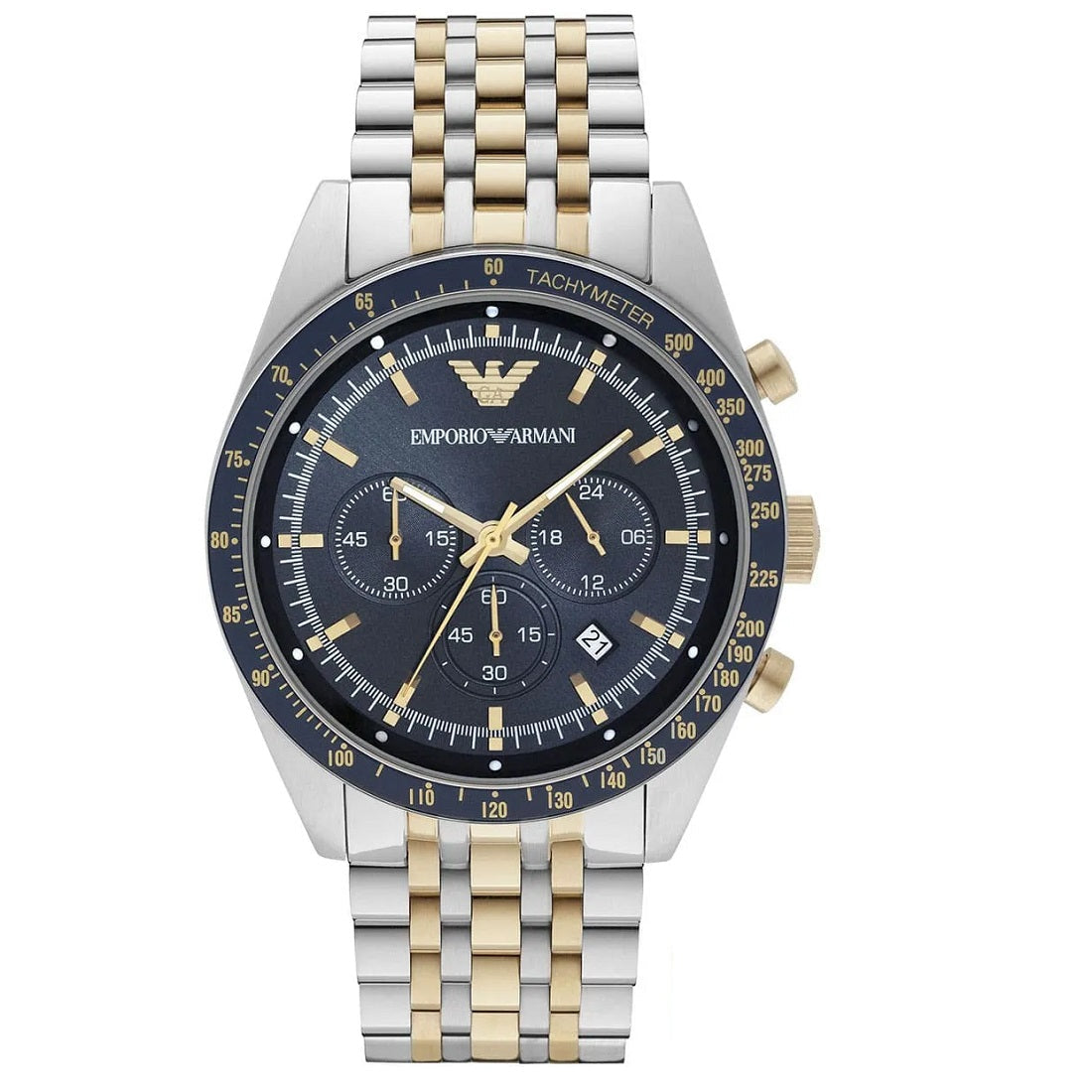 Emporio Armani Tazio Men's Watch Stainless Steel Silver & Gold Tone Strap With Blue Dial