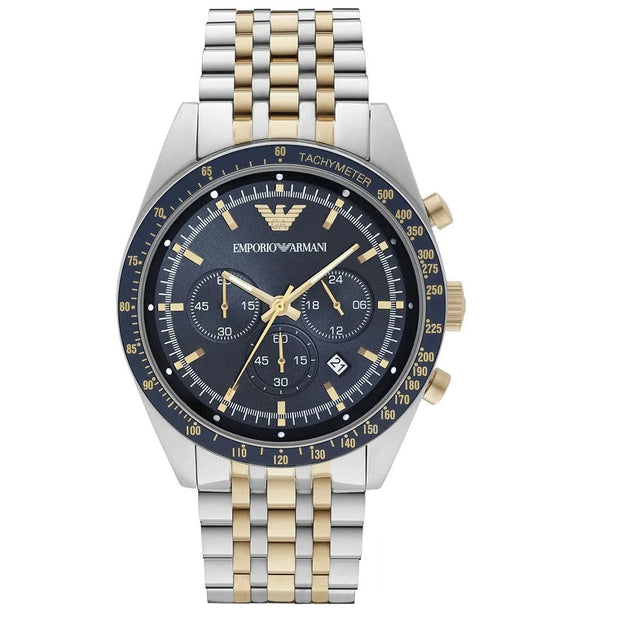 Emporio Armani Tazio Men's Watch Stainless Steel Silver & Gold Tone Strap With Blue Dial