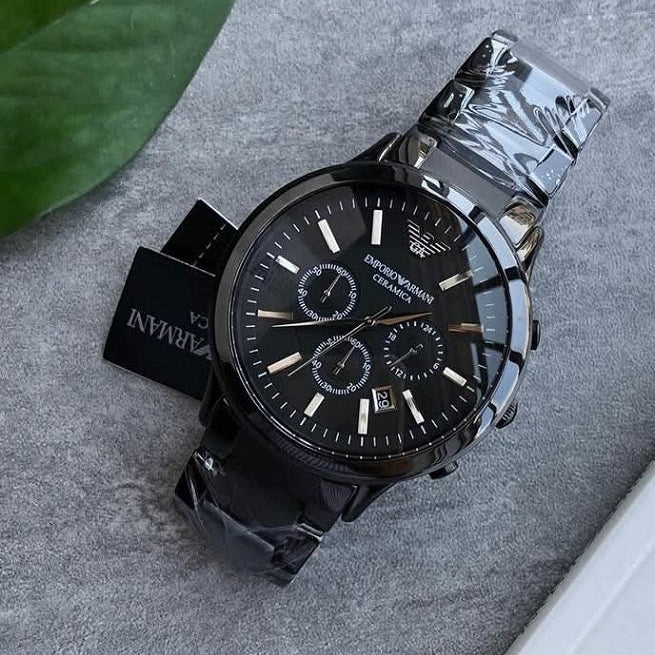 Emporio Armani Chronograph Men’s Watch Ceramic Black Strap With Black Dial + Travel Case